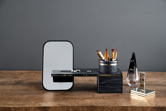 Black Oak Wooden Make Up Organizer Set, Gift For Mom, Brush Holder, Skincare Organizer, Brush Holder With Mirror, Her