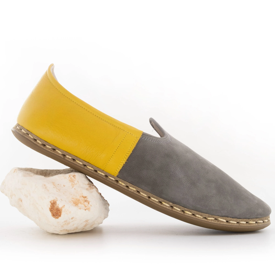 Men Shoes - Two Color Organic Handmade Gray & Yellow, Mens Travel Leather Shoes, Slip Ons Loafers