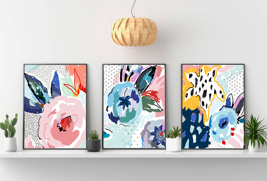 Set Of 3 Flower Prints, Floral Abstract Wall Art, Set Prints, Pink, Blue, Green, Flowers, Office Decor, Home Decor, Flower Boutique, A2