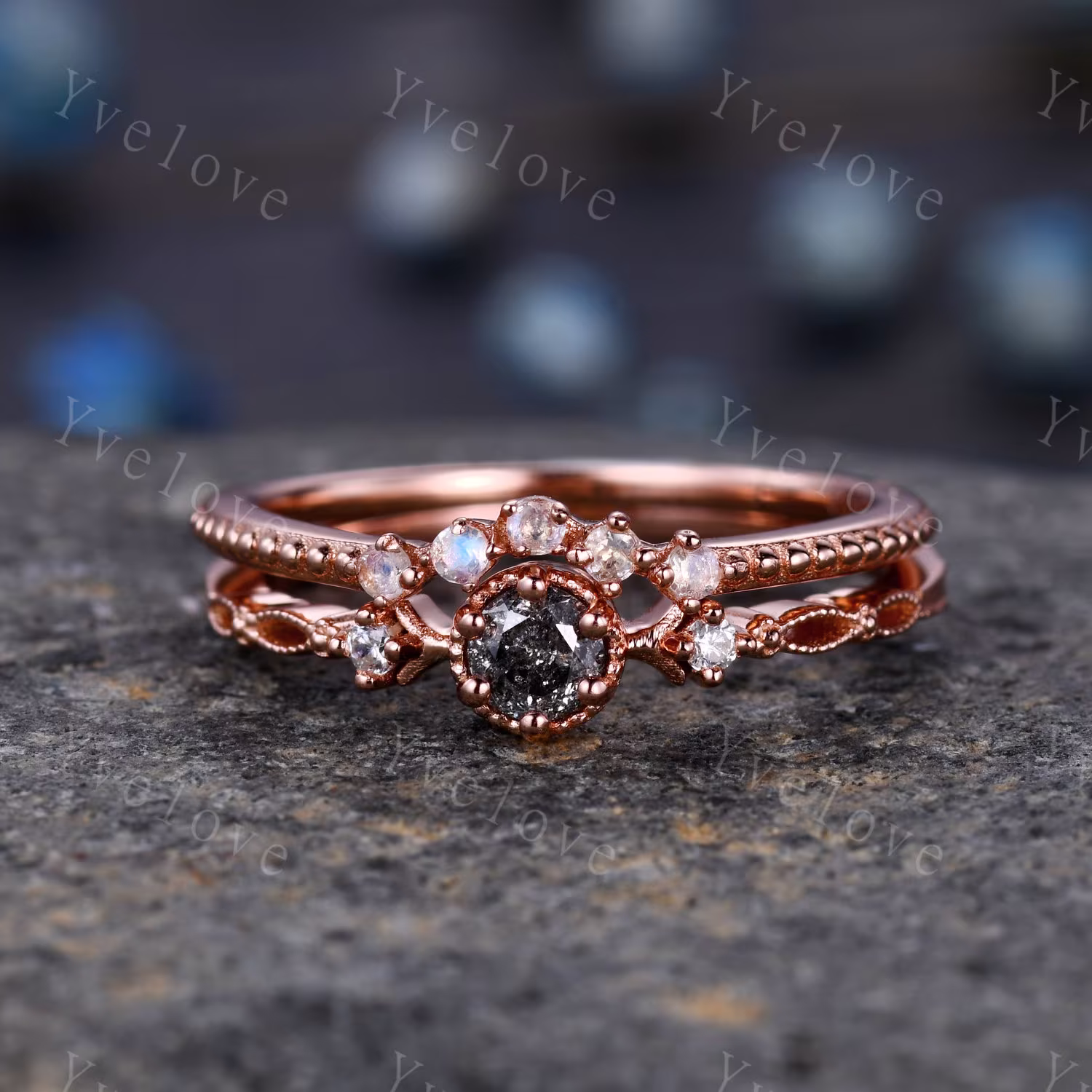 Dainty Salt & Pepper Diamond Engagement Ring Set, Rose Gold Bridal Set, Moonstone Stacking Ring, Wedding Ring, Women Anniversary