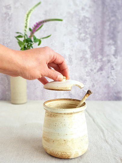 Ceramic Honey Jar, Salt Cellar, Sugar Rustic Pottery, White Jam Pottery Pot, Jar With Lid