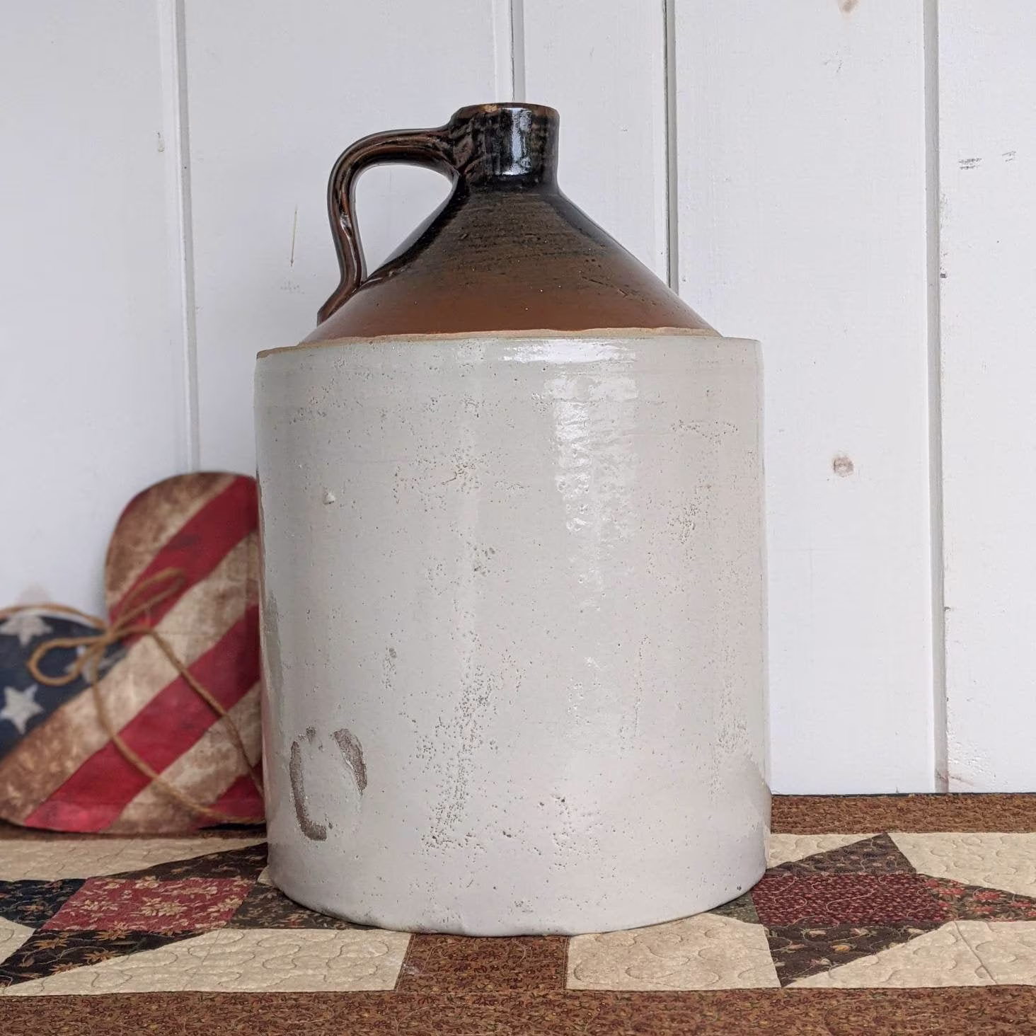 Jug 2 Gallon Dipped Two Tone Stoneware Shoulder Beige Salt Glaze & Dark Brown Crockery Rustic Country Farmhouse Decor Earthenware Whisky