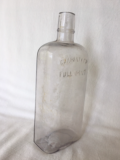 Guaranteed Full Pint, Antique Liquor Bottle, No 2, Collectible Glass, Glows Yellow