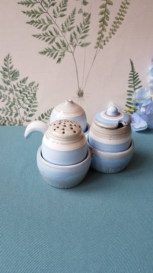 Vintage Shelley Art Deco Cruet/Condiment Set-Salt Pepper & Mustard Pot in A Holder - Hand Decorated Pale Blues Greys
