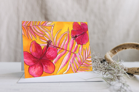 Hibiscus Glow Greeting Card, Happy Birthday, Blank Any Occasion, Flowers, Hawaii, Tropical, Watercolor Painting