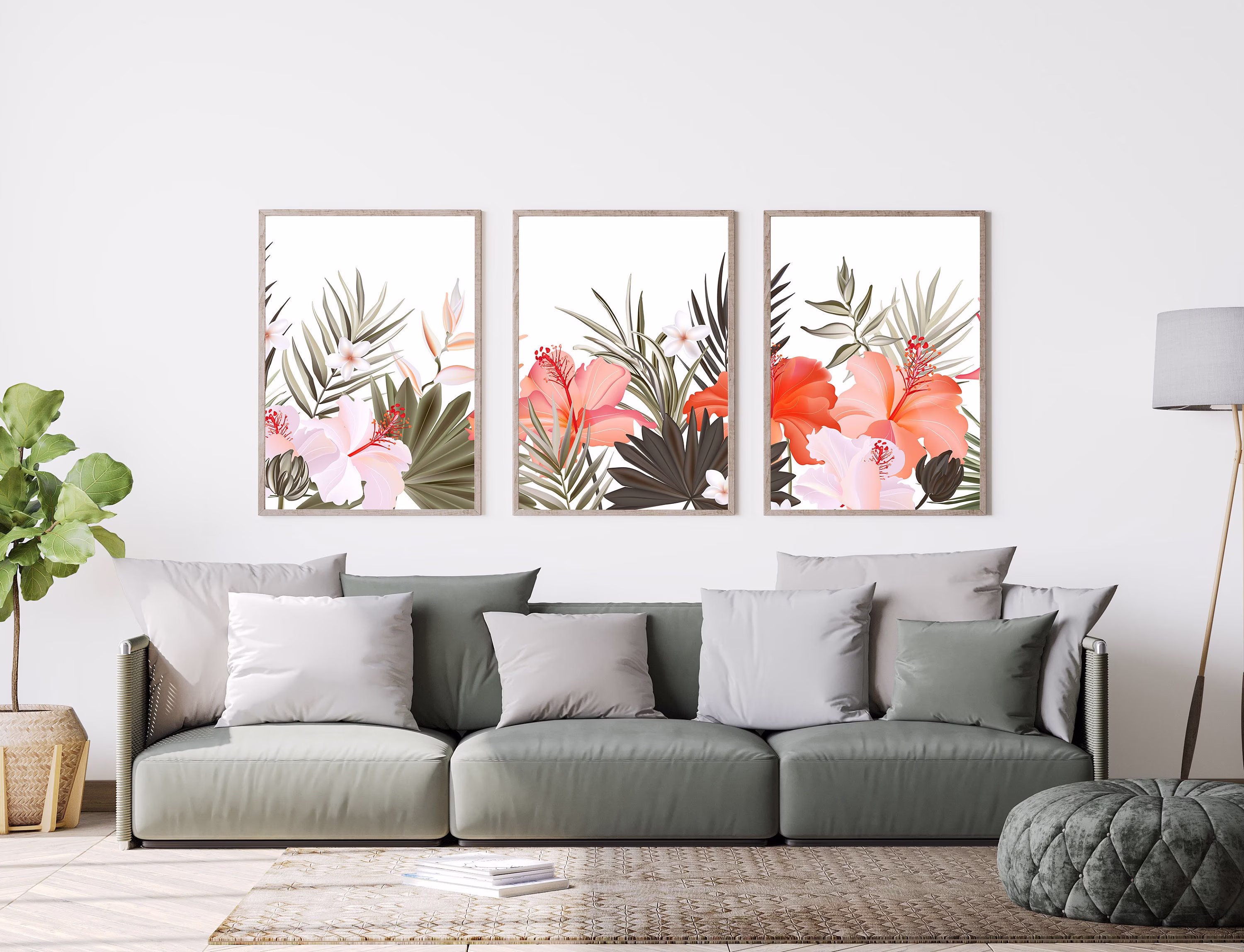 Hibiscus Flowers Set Of 3, Coral, Pink, Green, Flower Print, Wall Art, Poster, Framed Print