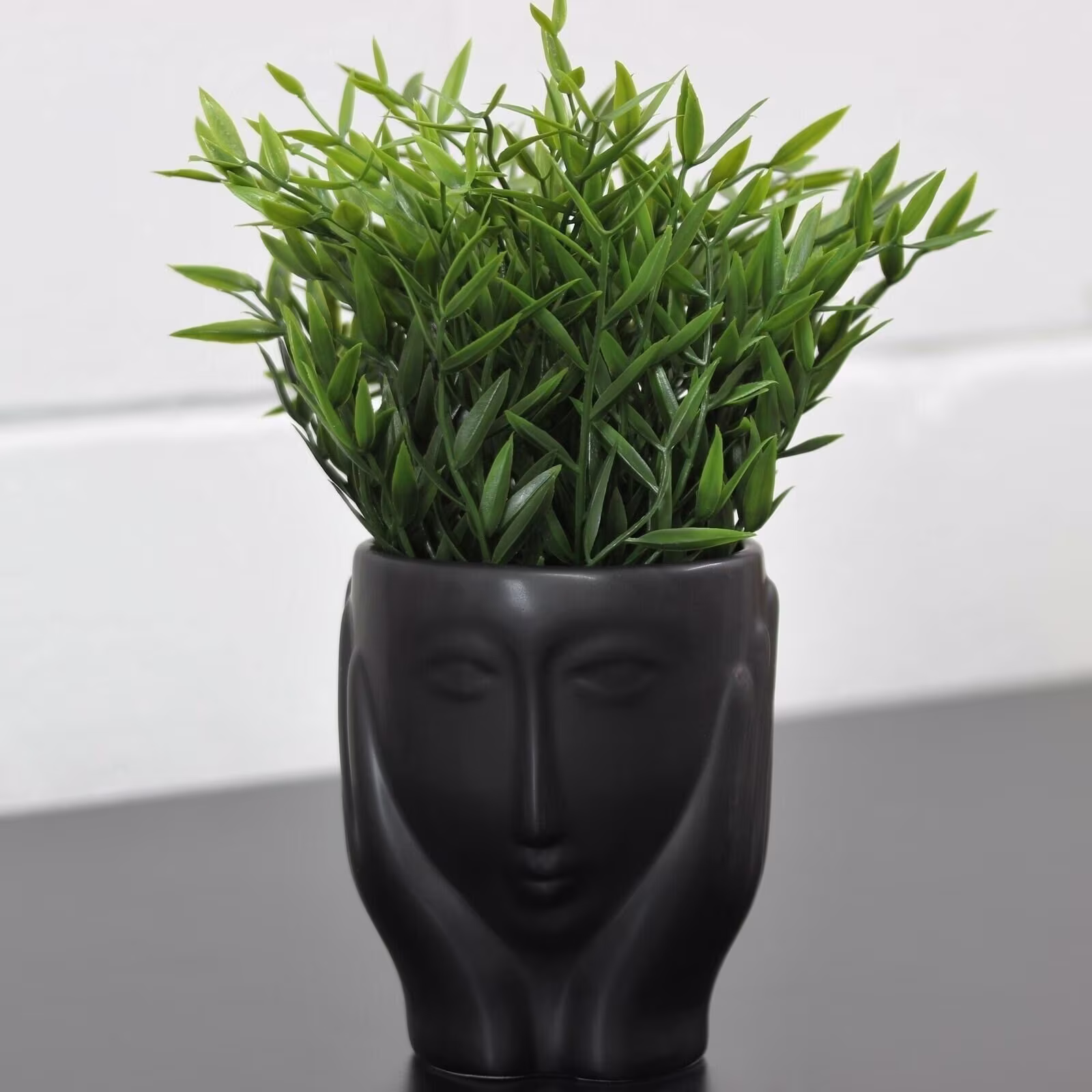 Large Black Ceramic Face Hands Cache Herbs Plant Pot Planter Vase Home Decor