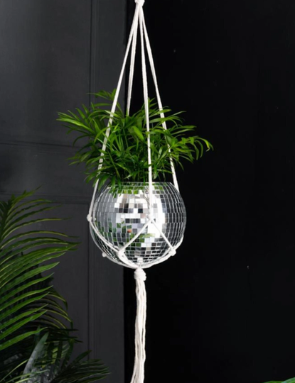 Macramé Hanging Disco Ball Planter, Mirror Plant Pot, Retro Round Funky Disco Vase, Creative Unique Wall Hanging Planters