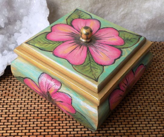 Décor Box/Pink Hibiscus/ Wood Burned/ Hand Painted