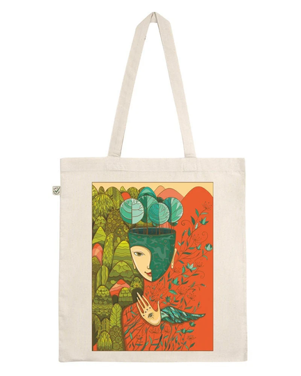 Organic Cotton Shopper Bag, Mother Nature Illustration Tote Bags, Classic Gift For Her