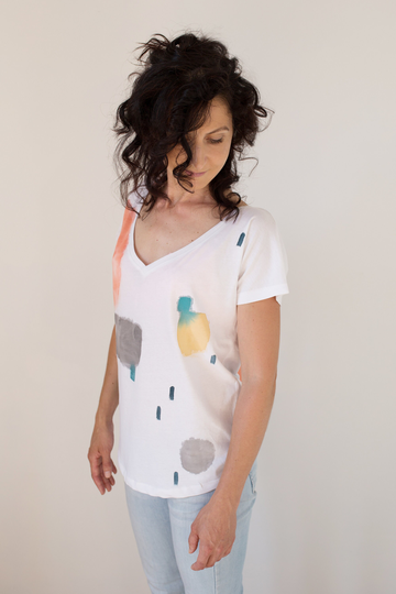 Color Cloud - V Neck T-Shirt/Hand-Painted Organic Cotton Loose Abstract Print