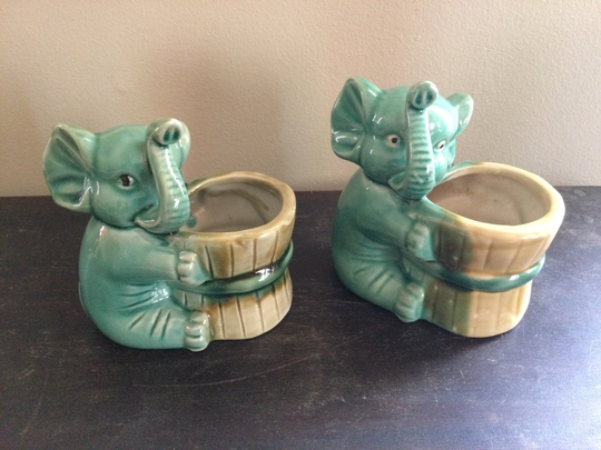 Vintage Pair Of | 2 Green Elephant Ceramic Bamboo Planters