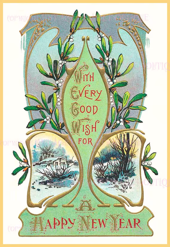 Antique Edwardian New Year Wishes Art Nouveau Christmas Season Winter Solstice Holiday 5x7 Greeting Card