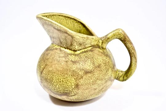 Vintage Mid Century Brutalist Studio Pottery Salt Glaze Chartreuse Green Ewer Modernist Pitcher Textured Planter Vase