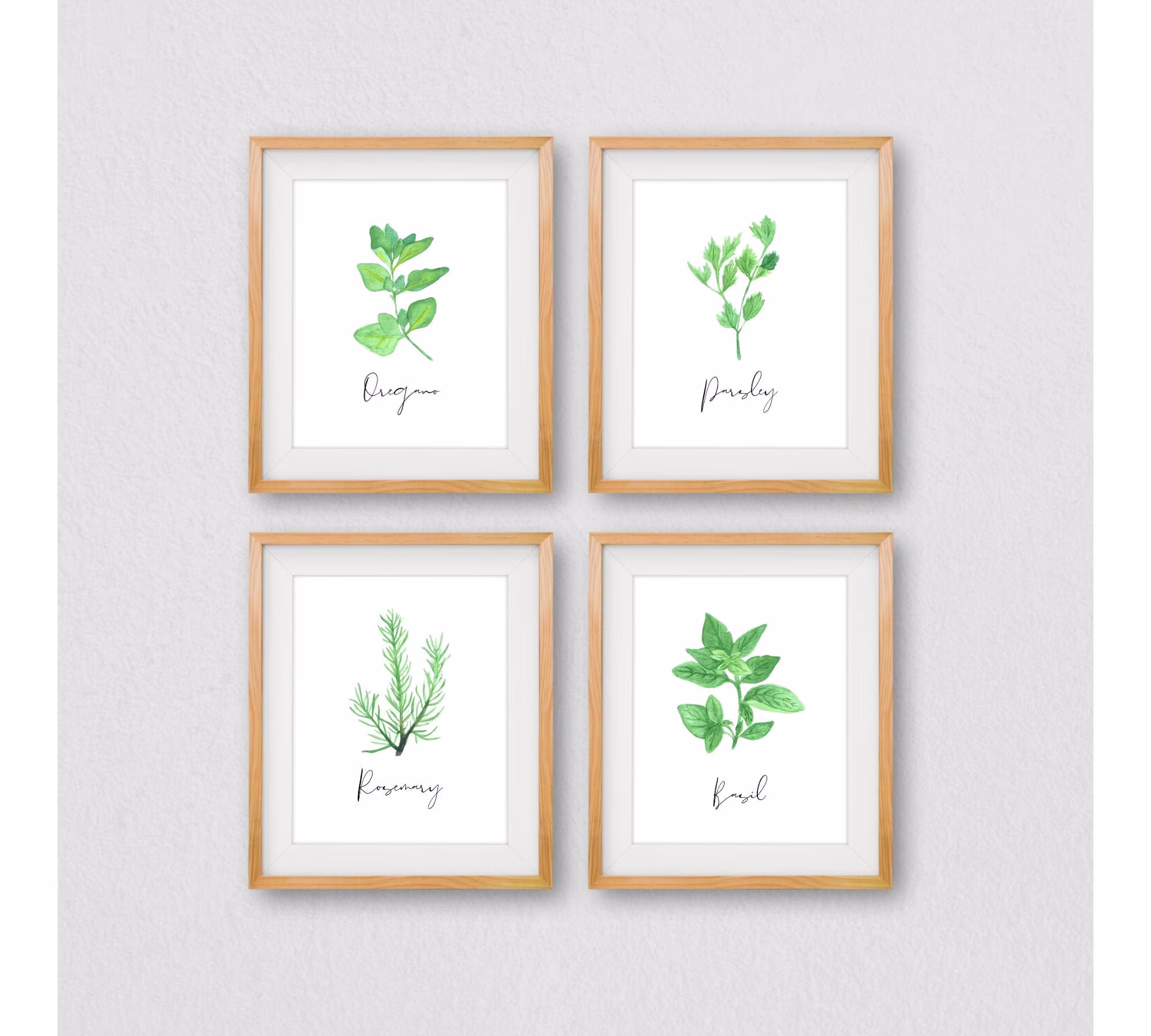 Set Of 4 Herb Kitchen Prints, Wall Art, Print, Parsley, Oregano, Basil Rosemary Grey Room Decor, Leaf Prints