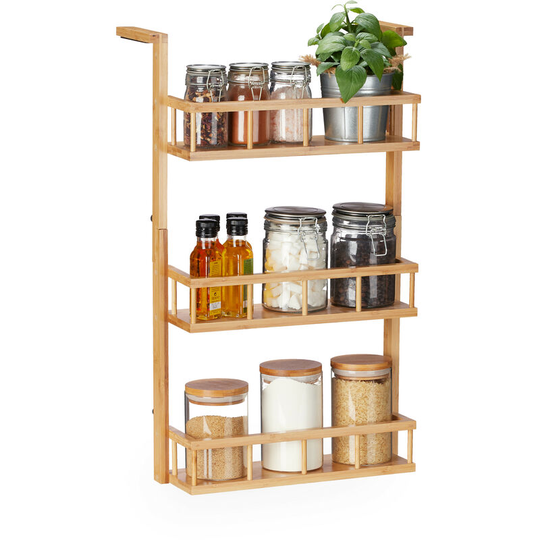 Spice Rack, for Hanging & Standing, Kitchen Cabinet, Worktop, 3 Shelves, Bamboo, hwd: 68x43x24 cm, Natural - Relaxdays