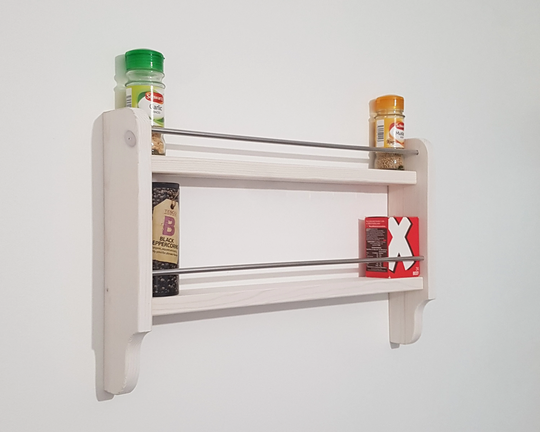 Spice Rack White Dyed 2 Shelf Wall Mountable Kitchen Storage Cup Mug Utensil Hooks