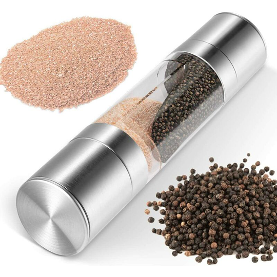 2-in-1 salt and pepper mill set, made of elegant stainless steel with adjustable ceramic grinder, also as a large salt and pepper mill
