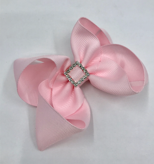 4 Inch Powder Pink Boutique Bow With Diamante Buckle On Clip