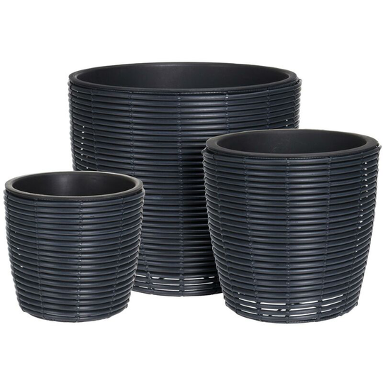 3 Round Black Plastic Rattan Plant Flower Pots Indoor Plants Succulent Planter - 8000110 - Black - Idooka