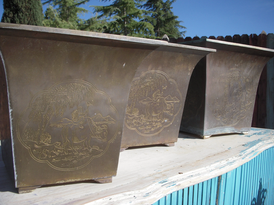 Large Vintage Copper & Brass Etched Planters Chinoiserie