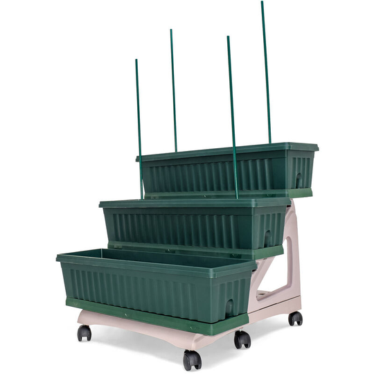 Frankystar - Orto Easy - Kit of 3 planters 80 cm with saucer and 3 levels trolley for compositions or vertical garden. Practical to move. Green