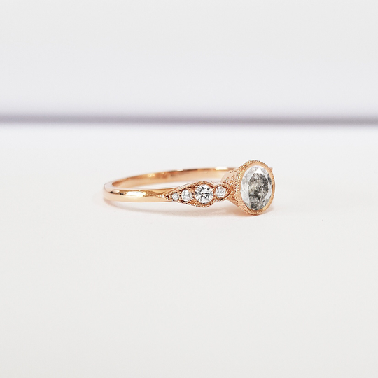 Salt & Pepper Diamond Engagement Ring Handmade in Rose Gold With Accent Diamonds Engraving Filigree Milgrain