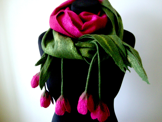 Luxury Gift For Women, Felted Scarfs Shawls, Felt Flower Scarf, Wearable Art, Organic Wool Scarf