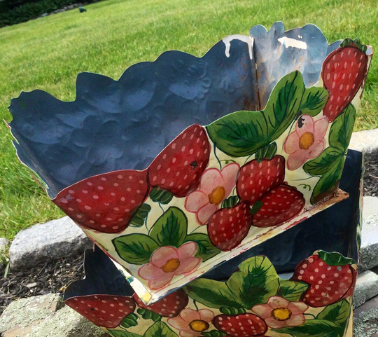 Vintage Toleware Planter Pair Tin/Metal Hand-Painted Red Strawberries & Flowers 8x10