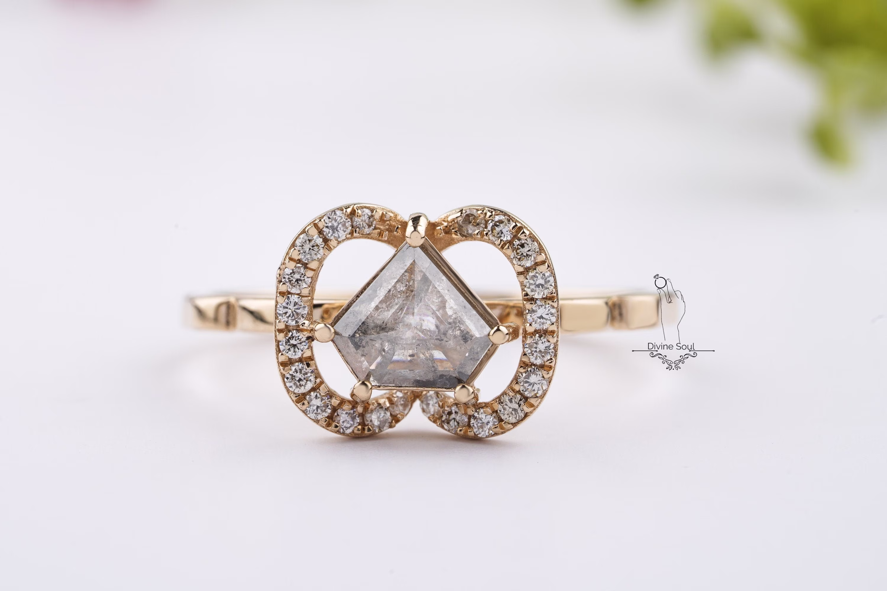 Unique Engagement Ring | Salt & Pepper Diamond 14 Kt Rose Gold Modern Wedding Pentagon Promise