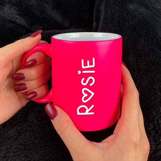Personalised Neon Bright Pink, Yellow, Green Mug, Love Heart Font & Design, Any Name Engraved, Coffee Tea Lovers, Secret Santa Gift