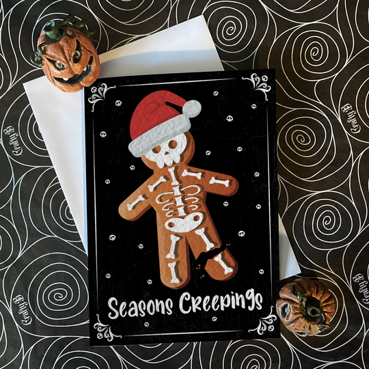 Gingerbread Skeleton Man Seasons Creepings - Alternative Dark Gothic Christmas Card, Available As A Single Or in Packs. Goth Card