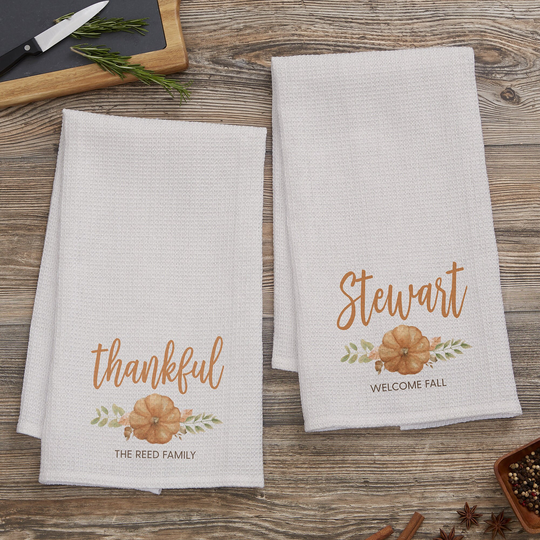 Seasonally Script Personalized Fall Waffle Weave Kitchen Towel, Gifts, Thanksgiving Home Decor, Decor