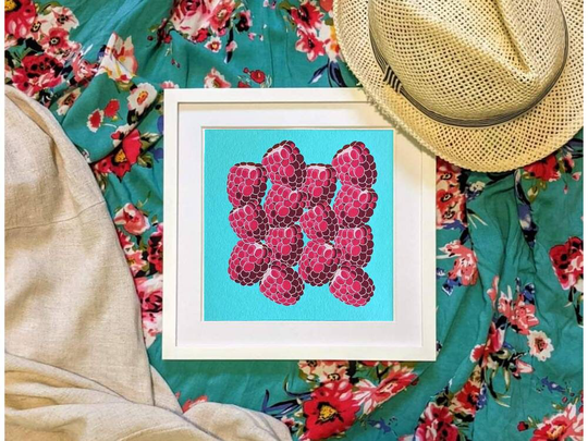 Raspberries Blue Print, Archival Fine Art Bright Bold Seasonal Summer Home & Office Refresh