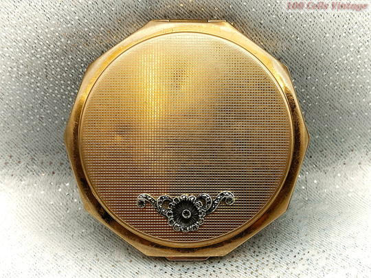 stratton Floral Gold Tone-Vintage Ladies Powder Compact -8cm