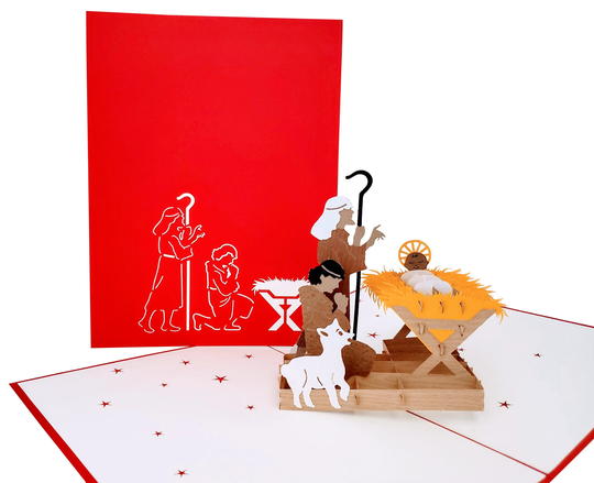 Holy Nativity Scene 3D Pop Up Greeting Card - Baby Jesus, Stable, Angels, Merry Christmas, Faith, Seasons Greetings, Inspiration, Joy, Happy
