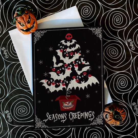 Seasons Creeping - Alternative Dark Gothic Batty Christmas Tree Card, Available As A Single Or in Packs. Goth Card