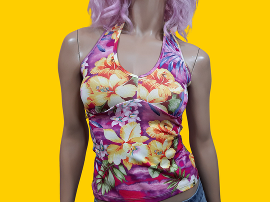 Y2K Tropical Hibiscus Print Cropped Halter Top Size S Pink Yellow Floral V Neck
