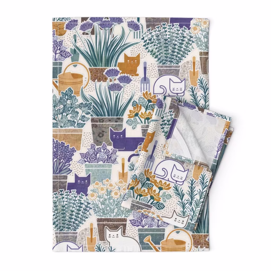 Whimsical Cats Tea Towels | Set Of 2 - Herb Garden With By Patricia_Lima Modern Botanical Linen Cotton Spoonflower