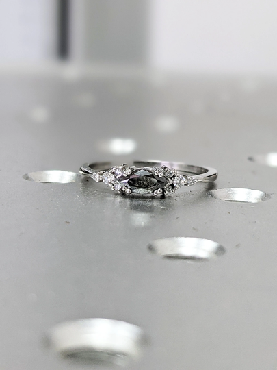 Marquise Salt & Pepper Diamond Wedding Ring, Unique Band, Engagement Minimalist Ring