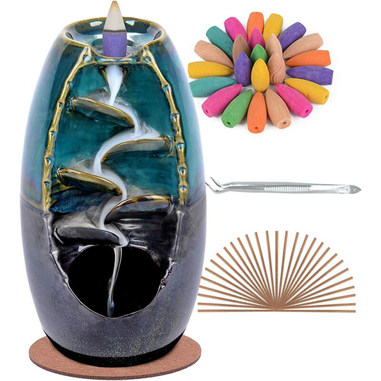 Backflow Incense Holder Waterfall Incense Burner, Ceramic Aromatherapy Ornament with 120 Backflow Incense Cones + 20 Incense Sticks, Blue