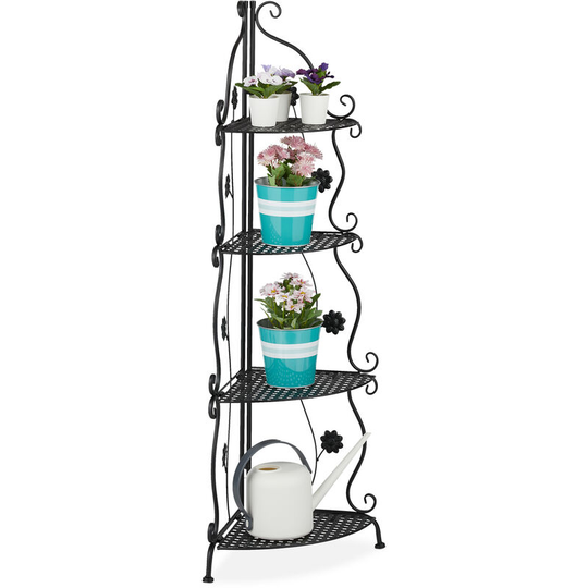 Metal Plant Stand, 4 Tiers, Decorative Rack, Indoor & Outdoor, HxWxD: 113.5 x 31 x 31 cm, Corner Shelf, Black - Relaxdays