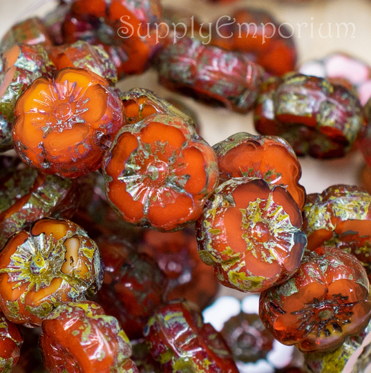 2755R, Czech 9mm Burnt Orange Opaline Picasso Hibiscus Flower, 6 Beads, Hawaiian Flower Beads