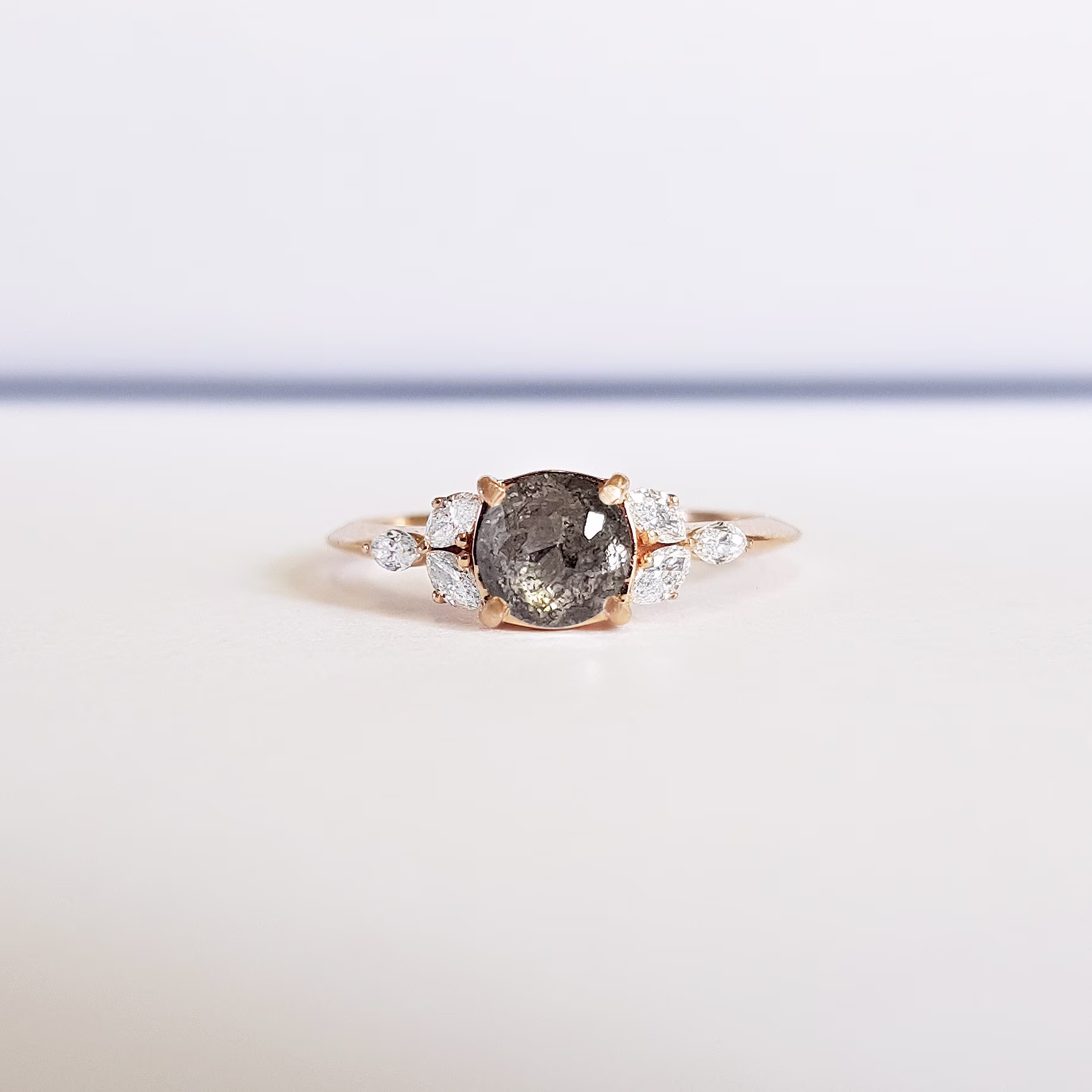 Salt & Pepper Rose Cut Diamond Engagement Ring With Marquise Accent Nature Inspired Leaf Shape in Gold Or Platinum