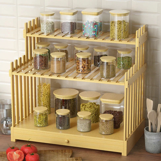 Bamboo Spice Rack Organizer Eco Friendly Wooden 2 Tiered For Drawer - Space Saving Vertical Countertop Shelf