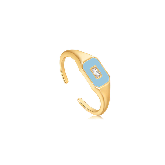 Powder Blue Enamel Emblem Gold Plated 925 Adj Ring, Gold