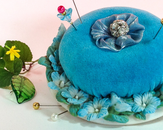 Pincushion Hibiscus Flower Aqua Blue Velvet "N Porcelain Dish, Med. Size, Rhinestone Center 3.5" W By 1.5