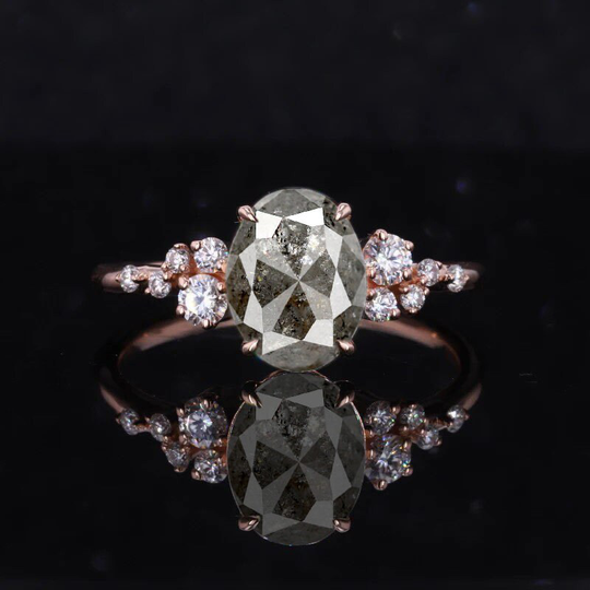 Oval Salt & Pepper Diamond Engagement Ring | Art Deco in 9K/14K/18K Solid Rose, Yellow Or White Gold For Women