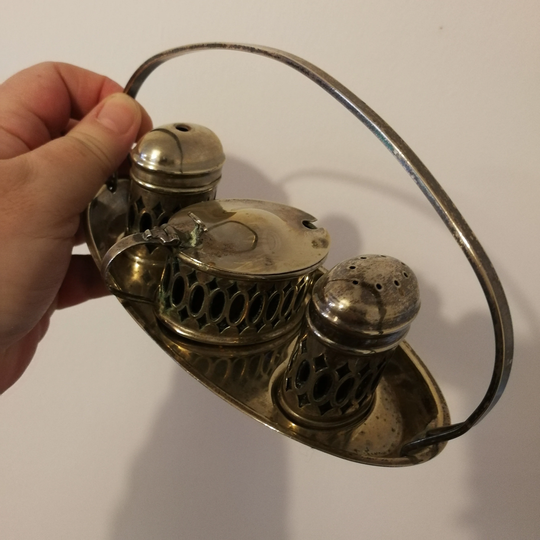 Antique Cruet Set Silver Plated Epsn Tray Caddy Salt Pepper & Mustard Cobalt Bristol Blue Glass Liners