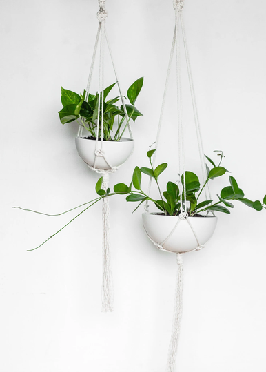 Hanging Macrame Ceramic Planter, White Ceramic, Small Or Medium